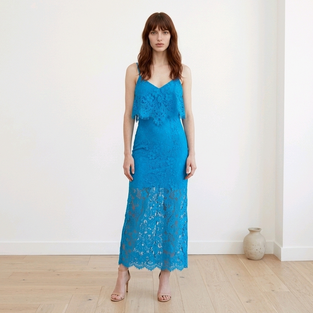 Guess Teal Blue Lace Dress Maxi Sheer Spaghetti Strap Boho Size 4 Wedding Guest